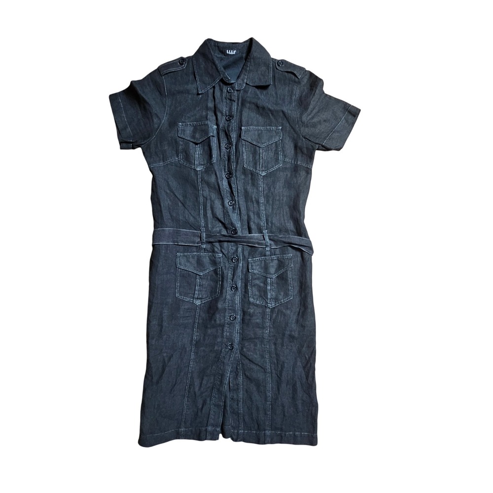 Beck Munich Belted Denim Utility Shirt‎ Dress Short Sleeve Button Front 40 Dark